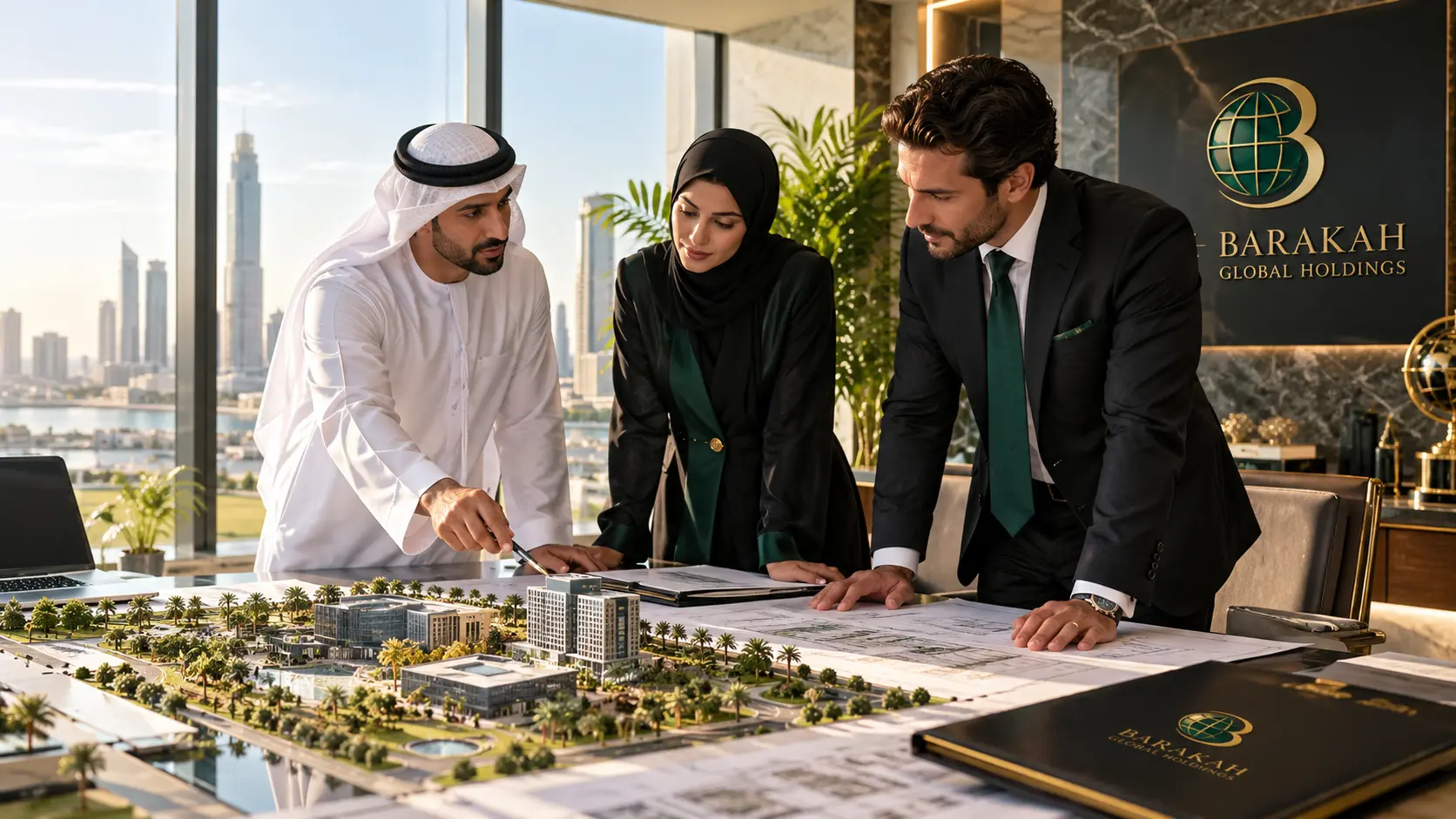 Original Barakah-branded concept image: Three diverse business consultants discussing a physical infrastructure model and paper plans in a sunlit meeting room