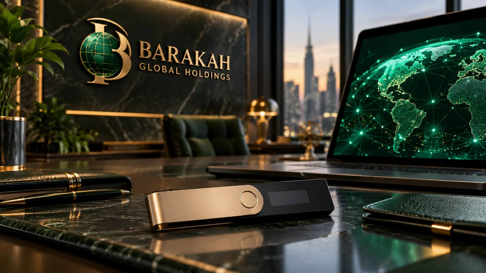 Original Barakah-branded concept image: Macro editorial still life of a secure hardware wallet and abstract emerald digital network display in a premium technology workspace, no coin logos or financial promises