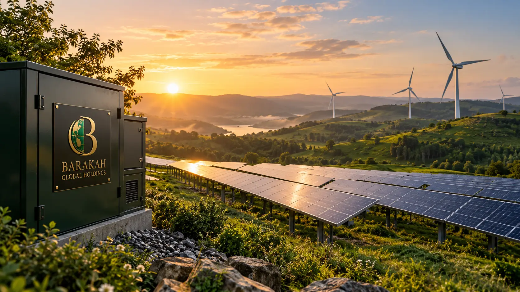 Original Barakah-branded concept image: Solar energy farm and distant wind turbines in green rolling countryside at sunrise, a small branded service cabinet in foreground