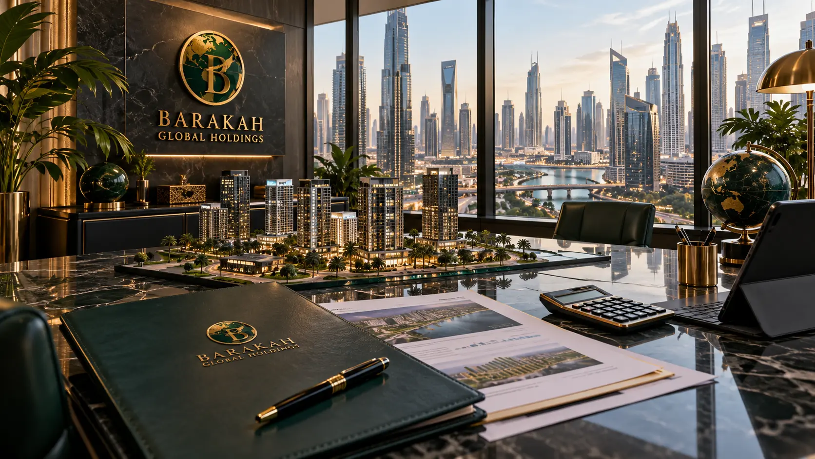 Original Barakah-branded concept image: Financial planning desk with architectural development model, calculator and discreet reports, glass financial district through windows
