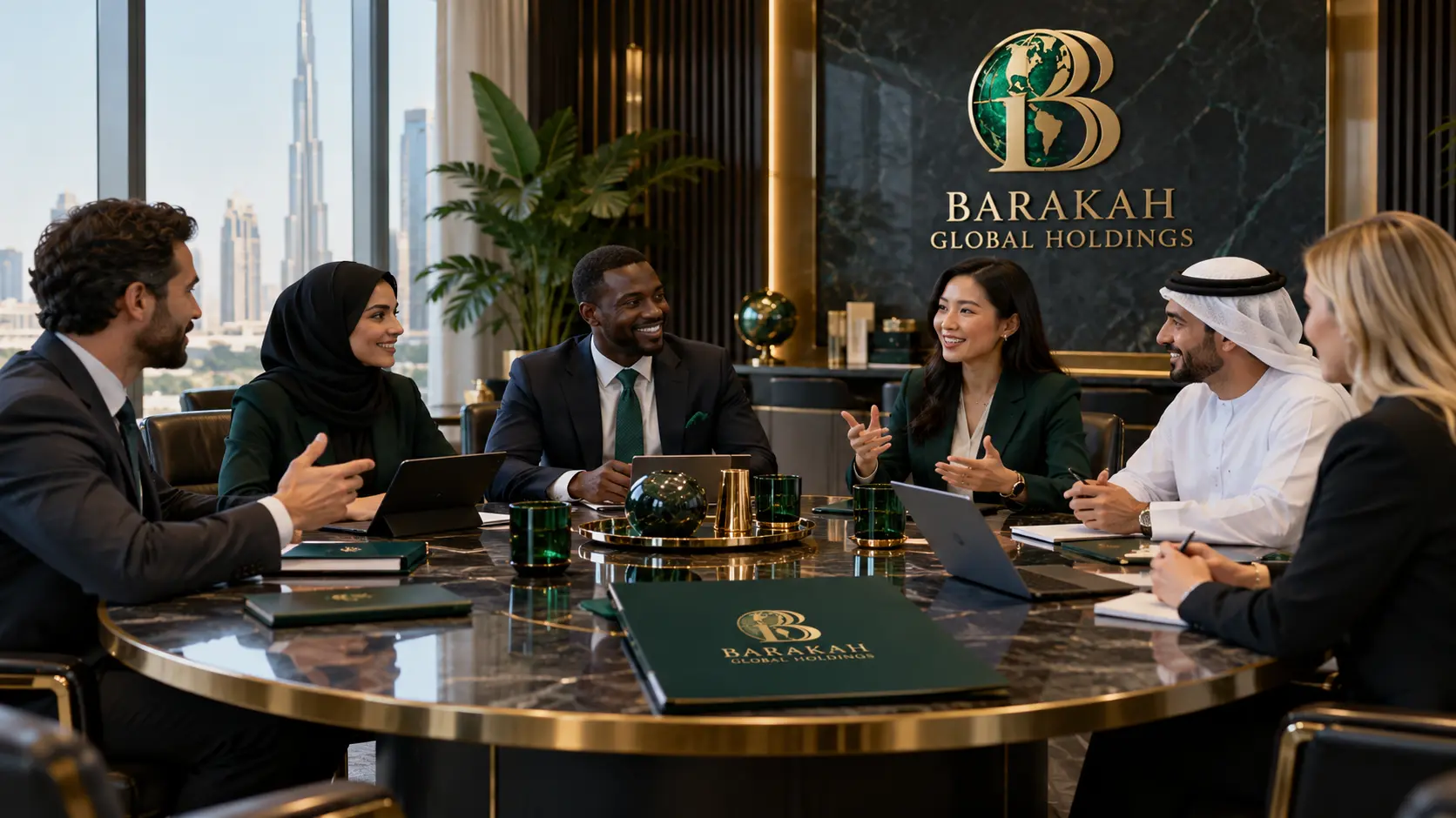 Original Barakah-branded concept image: Diverse international professionals around a round meeting table exchanging ideas, warm welcoming expressions, global collaboration