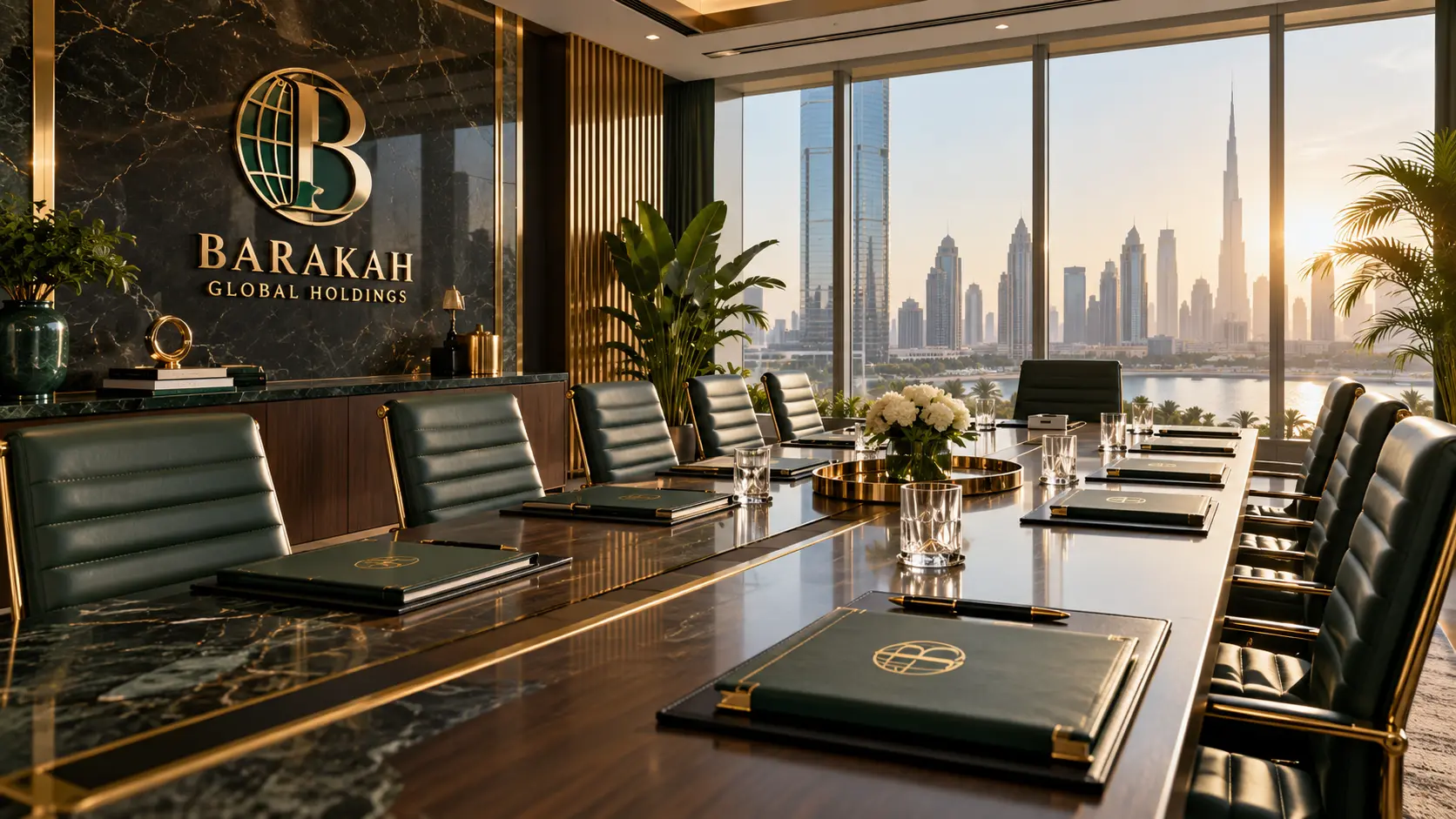 Original Barakah-branded concept image: Elegant boardroom with neatly arranged folders and chairs, sunlit glass windows, mood of accountability and clarity, no people