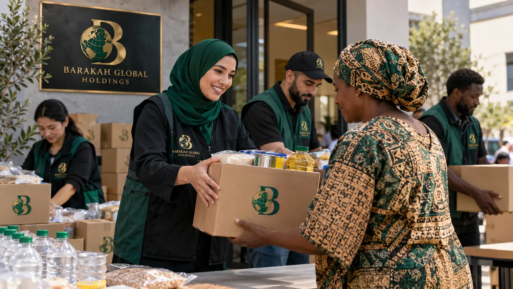Original Barakah-branded concept image: Humanitarian coordinators and local adults respectfully working together distributing useful supply boxes at a community center, no distress or stereotypes