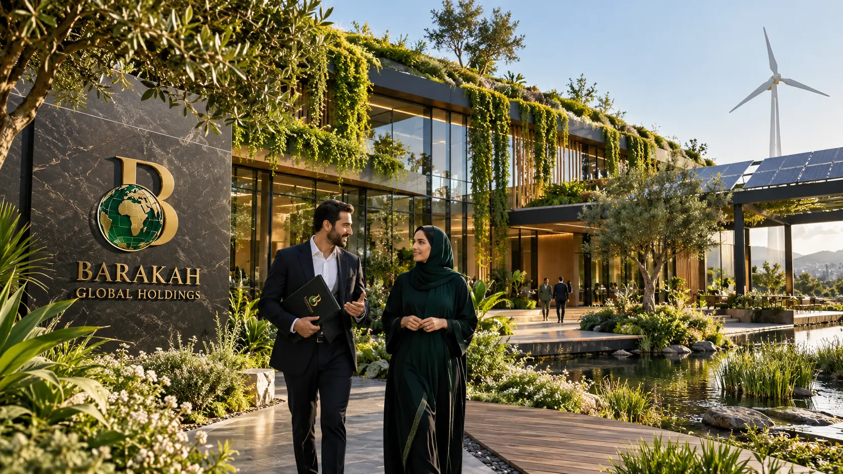 Original Barakah-branded concept image: Contemporary green building with living roof, rain garden and renewable energy infrastructure, lush landscape, warm clear daylight