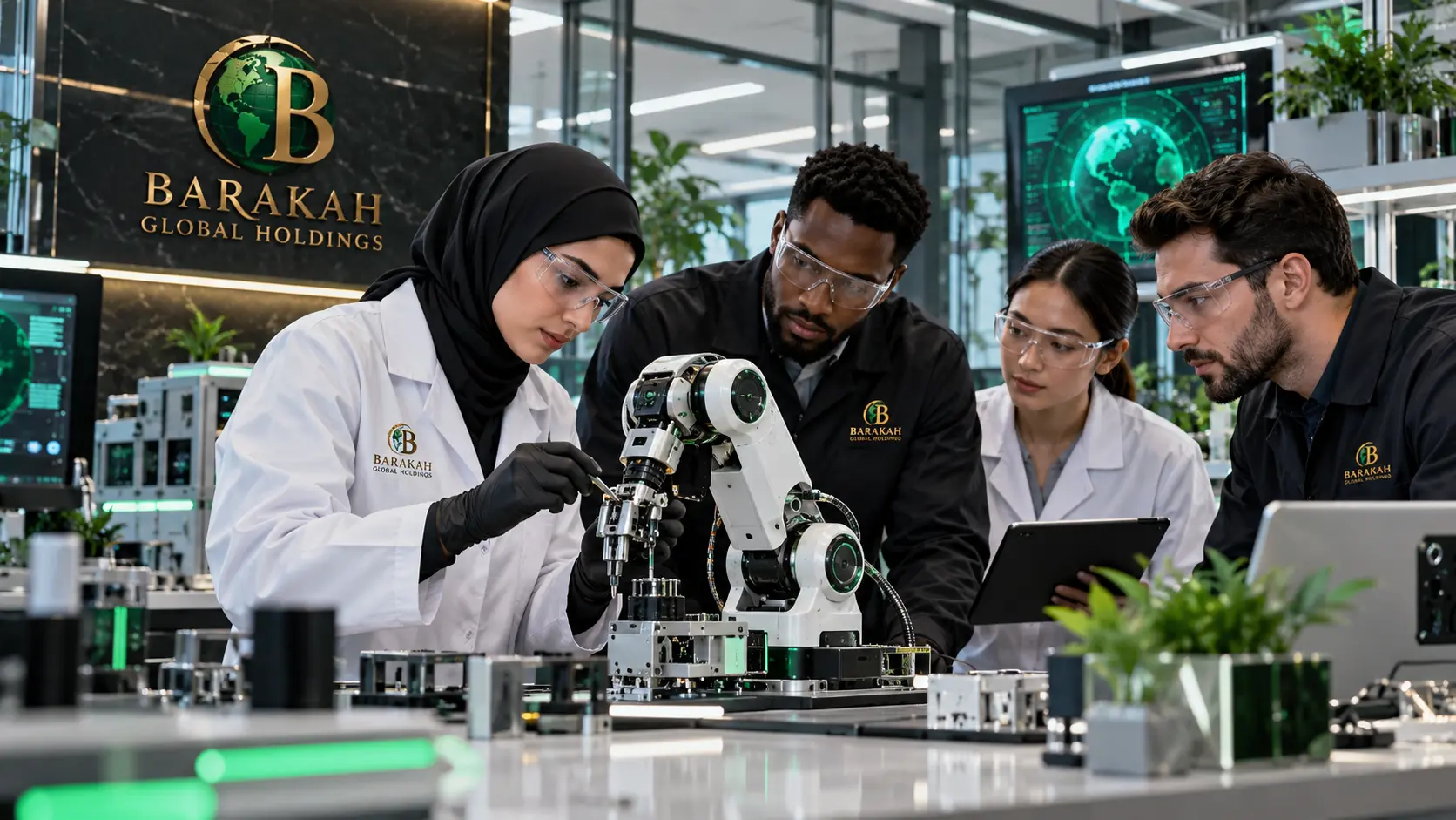 Original Barakah-branded concept image: Diverse engineers in a state-of-the-art clean technology laboratory evaluating a compact industrial robot, realistic equipment and refined emerald accents