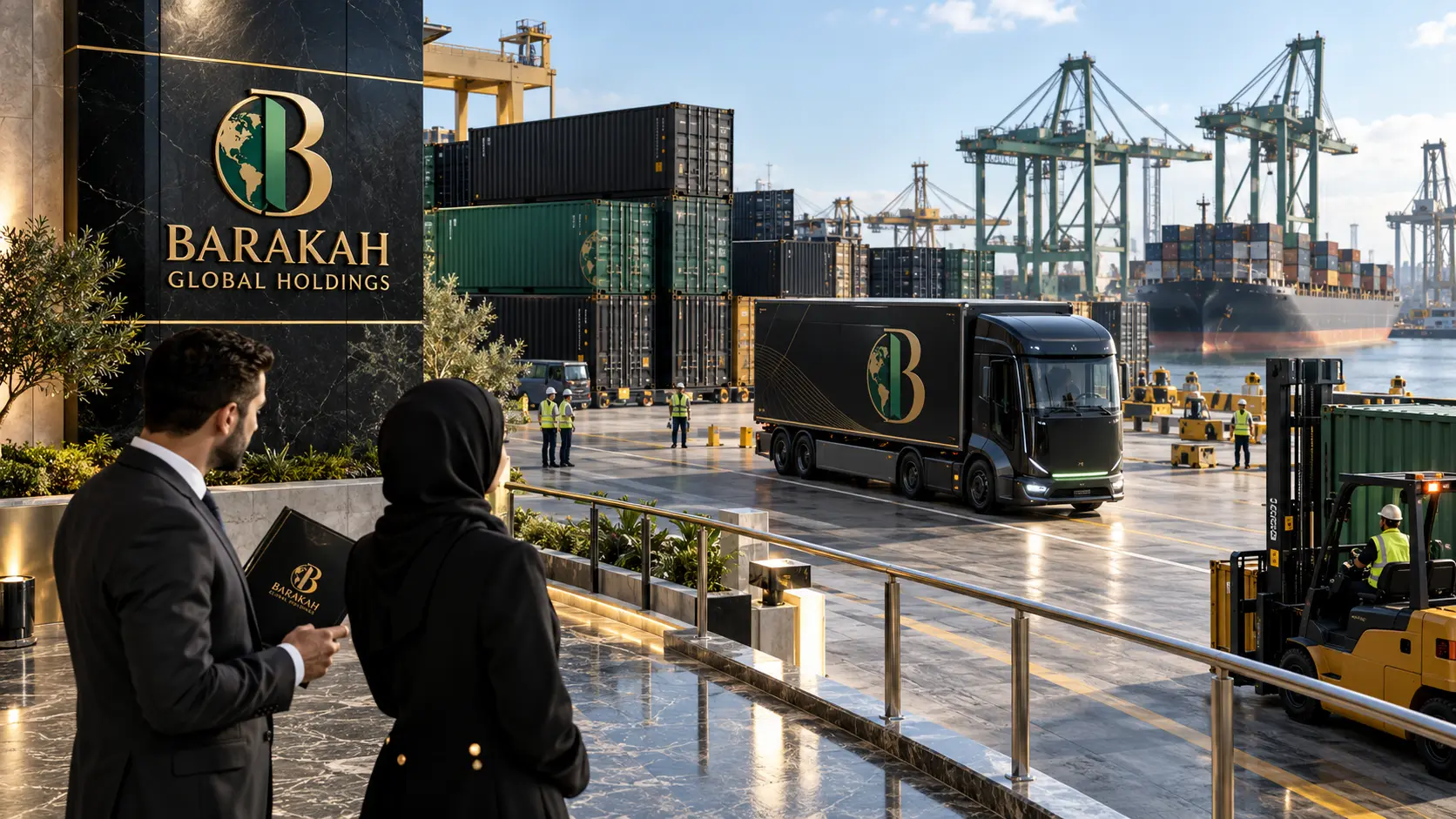 Original Barakah-branded concept image: Modern intermodal logistics terminal with cargo containers, electric delivery truck and distant cranes, crisp daylight, realistic scale